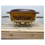 Vintage 045 Pyrex 2.5qt oval "Old Orchard" with 945-032 lid and warming stand