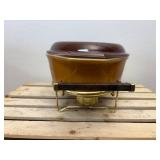 Vintage 045 Pyrex 2.5qt oval "Old Orchard" with 945-032 lid and warming stand
