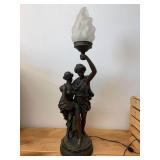 Art Deco Style Bronze Effect Athena & Appollo Figural Table Lamp with Frosted Glass Flame Shaped Shade
