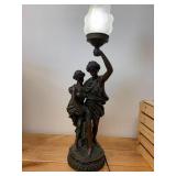 Art Deco Style Bronze Effect Athena & Appollo Figural Table Lamp with Frosted Glass Flame Shaped Shade