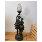 Art Deco Style Bronze Effect Athena & Appollo Figural Table Lamp with Frosted Glass Flame Shaped Shade