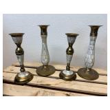 7Pc Lot Brass with Mother of Pearl Inlay Candle Sticks and Trinket Box, Brass Candle Holder & Brass Door Knocker