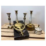 7Pc Lot Brass with Mother of Pearl Inlay Candle Sticks and Trinket Box, Brass Candle Holder & Brass Door Knocker