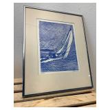 J.R. Brown Linocut Etching Print "Sail" Signed and Professionally Framed 15" x 12" - Signed