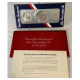 1976 Bicentennial 1776-1976 40% SILVER Uncirculated 3 Coin Set - original package with coa - red packet shows fire damage around edge