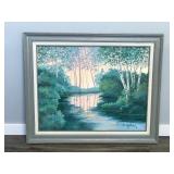 Framed Signed Painting on Canvas of Pond with Birch Trees by C. Mattison