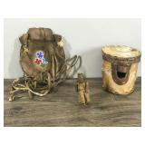Lot of Vintage Native American Collectibles - Leather Medicine Bag - Chief Doll - Not Sure what the piece is that is made out of birch bark