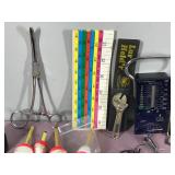 Lot of Fishing Tackle & More - Hooks - Bass Spinners - Jigs - Lead Weights - Fish Scales - Rulers and More