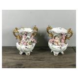 2 - VTG UCAGCO PORCELAIN Ornate VASES CHERUB BABY GOLD Trim