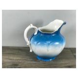 Vintage Warwick Semi Porcelain Large Pitcher Peacock Blue & White Gold Trim