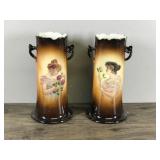 2 -,Antique Ioga Warwick Longa Hand Painted Porcelain Vases