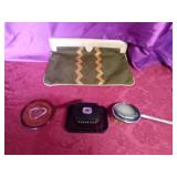 Vintage Victorian horsehair brush, mirror bush and dish and vintage Timmy Weeds oversized clutch purse