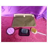 Vintage Victorian horsehair brush, mirror bush and dish and vintage Timmy Weeds oversized clutch purse