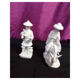 Vintage Blanc de Chine man with bird porcelain figurine and a white porcelain Japanese man riding a donkey figurine