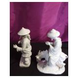 Vintage Blanc de Chine man with bird porcelain figurine and a white porcelain Japanese man riding a donkey figurine