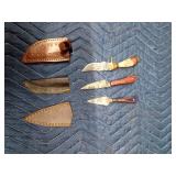 Stag antler handle Damascus steel blade knife with sheath, Red toned wood handle with forged Damascus steel blade and sheath,and a wood handle Damascus steel blade dagger with sheath
