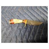 Stag antler handle Damascus steel blade knife with sheath, Red toned wood handle with forged Damascus steel blade and sheath,and a wood handle Damascus steel blade dagger with sheath