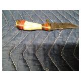 Stag antler handle Damascus steel blade knife with sheath, Red toned wood handle with forged Damascus steel blade and sheath,and a wood handle Damascus steel blade dagger with sheath
