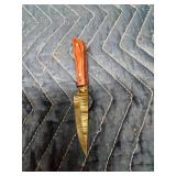 Stag antler handle Damascus steel blade knife with sheath, Red toned wood handle with forged Damascus steel blade and sheath,and a wood handle Damascus steel blade dagger with sheath