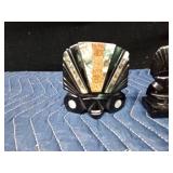 Vintage carved onyx with abalone accents art decor of Aztek mask and Black Obsidian hand carved figurine