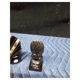 Vintage carved onyx with abalone accents art decor of Aztek mask and Black Obsidian hand carved figurine