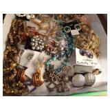 Flat of jewelry including 24K dipped holly ornament, Sarah Coventry, Western Germany, Celebrity, Trifari and more