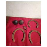 3 Ox shoes, 2 Vintage metal doorknobs, 1 vintage metal drawer pull