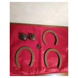 3 Ox shoes, 2 Vintage metal doorknobs, 1 vintage metal drawer pull