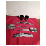 @ belt buckles made in USA, 3 Knives, 1 Husky box cutter, and 2 shot glasses