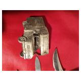 @ belt buckles made in USA, 3 Knives, 1 Husky box cutter, and 2 shot glasses