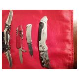 @ belt buckles made in USA, 3 Knives, 1 Husky box cutter, and 2 shot glasses