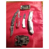 @ belt buckles made in USA, 3 Knives, 1 Husky box cutter, and 2 shot glasses