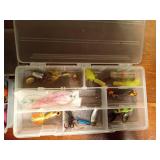 1 plastic 2-sided tackle box and 1 plastic tackle box of jigs, spinners and more
