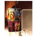 1 plastic 2-sided tackle box and 1 plastic tackle box of jigs, spinners and more