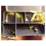 1 plastic 2-sided tackle box and 1 plastic tackle box of jigs, spinners and more