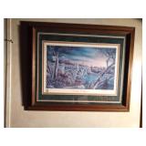 Signed and numbered framed print of Brainerd MN series sponsored by Brainerd fire dept. "Crossing at Dawn" 137/200 by J. D. Speltz