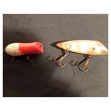 1 Vintage red and white wood lure and 1 vintage plastic lure