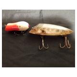 1 Vintage red and white wood lure and 1 vintage plastic lure