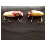Vintage south bend bass Oreno wooden fishing lure and vintage Wright & McGill Bug-a-boo fishing lure