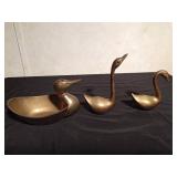 Brass duck and 2 brass swans