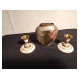 Brass vase and a pair of candle sticks with Mother of Pearl inlay
