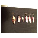 Vintage Hofgchneider Red Eye wiggler musky fishing spoon lure, Vintage Buck Perry spoon plug musky fishing lure, Vintage Lanes Spark l. Wobbler fishing lure and 3 Red & white Daredevils