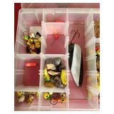 Plastic Plano tackle box of fishing jigs, hooks, spoon, sinkers and more
