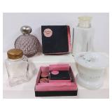 Vintage Vanity Items, Perfume Bottles, Cutex Kit, Akro Agate PowderJar