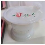 Vintage Vanity Items, Perfume Bottles, Cutex Kit, Akro Agate PowderJar