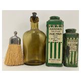 Antique Amber Spice Bottle and Mennen Talcum Tins Mens Vanity Items