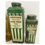 Antique Amber Spice Bottle and Mennen Talcum Tins Mens Vanity Items