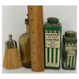 Antique Amber Spice Bottle and Mennen Talcum Tins Mens Vanity Items
