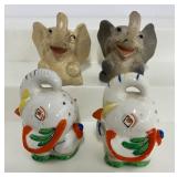 Two Sets of Elephant Salt and Pepper Shakers Ceramic and Porcelain Vintage Shakers