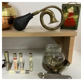 Miscellaneous Vintage Lot Hood Ornament, Tootpick Holders with Advertising, Bell, Horn, Antique Bicycle Bell 14PC LOT